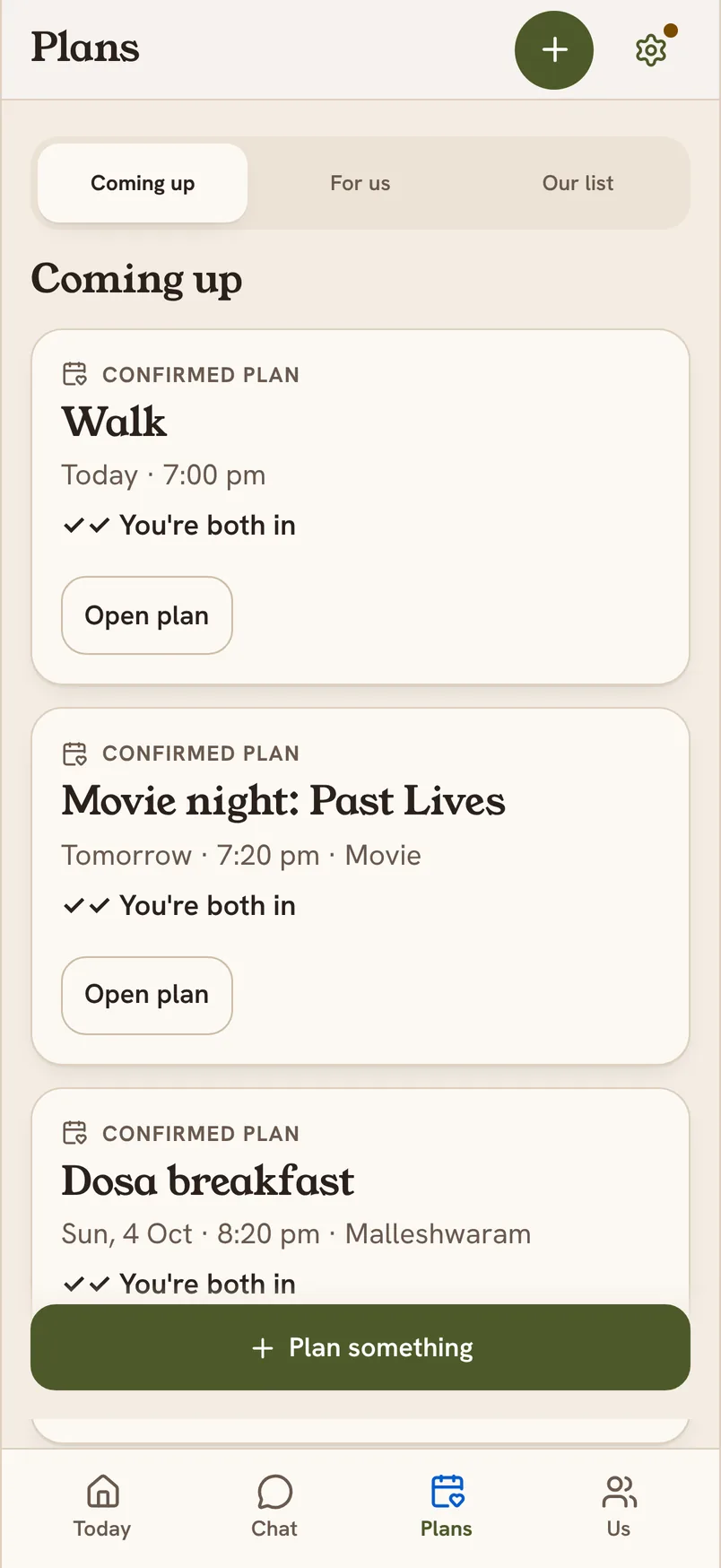 Ira’s Plans screen. Confirmed plan: Walk, today at 7:00 pm. You’re both in.