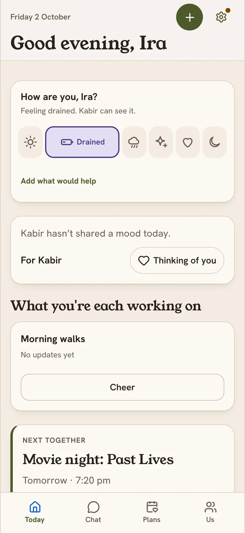 Ira’s Today screen. She has tapped Drained, and the card reads: Feeling drained. Kabir can see it.