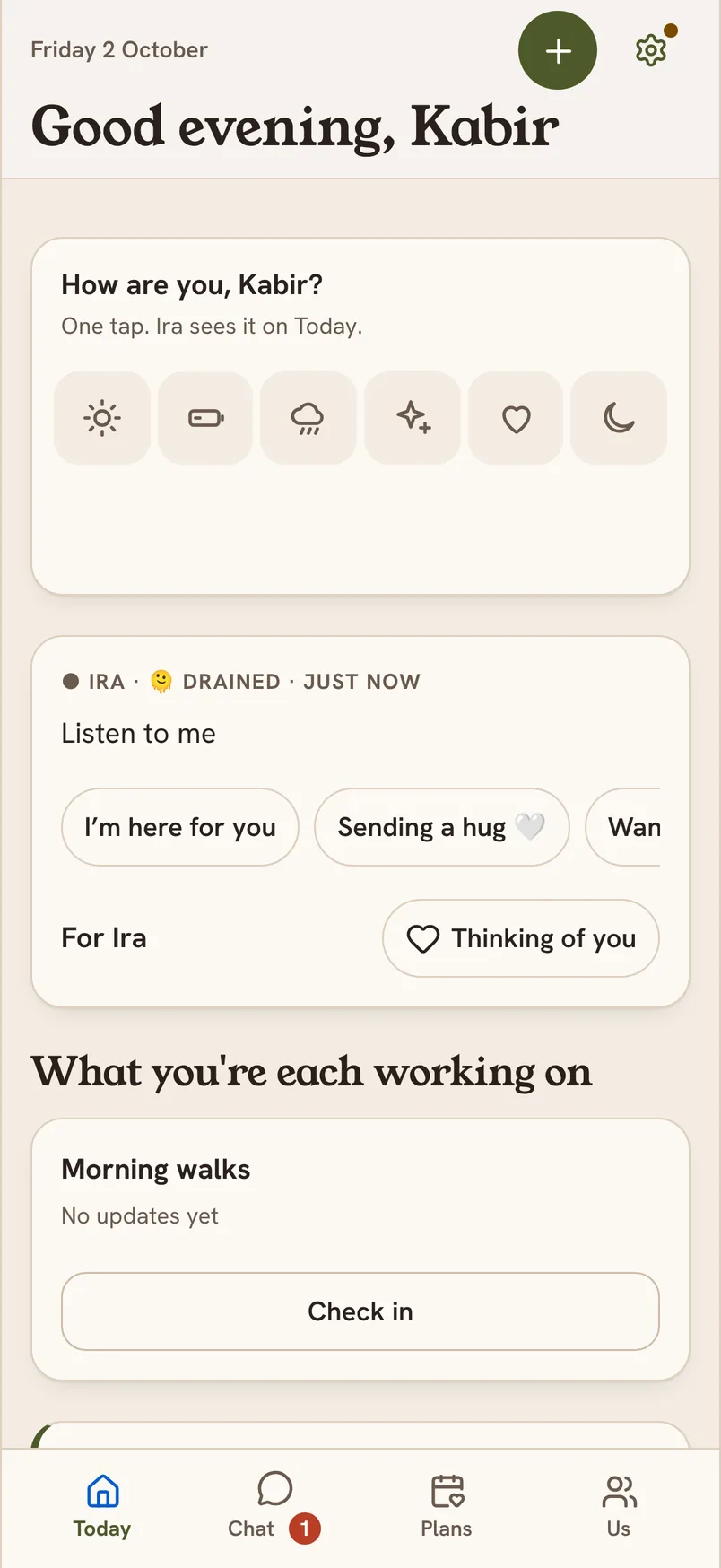 Kabir’s Today screen showing Ira, Drained, just now, Listen to me, with reply buttons: I’m here for you, Sending a hug, Want a call.